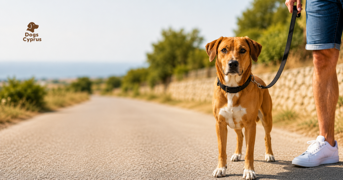 Dog standing on a public road with a leash held by its owner in Cyprus