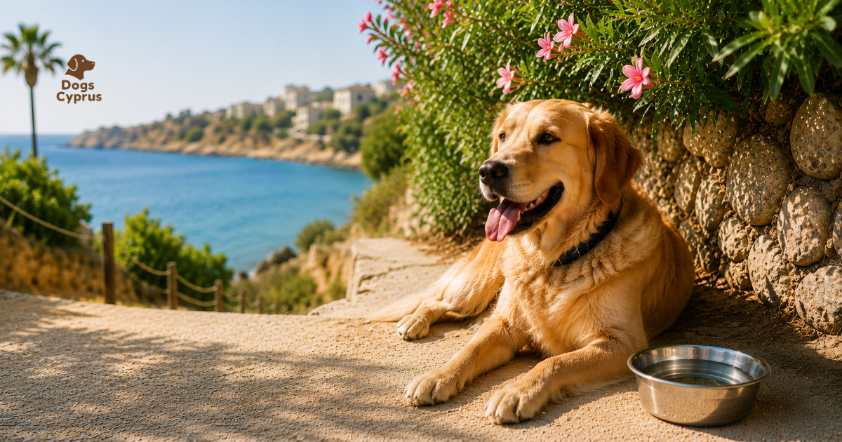 Dog resting in the shade beside a water bowl on a sunny coastal path in Cyprus