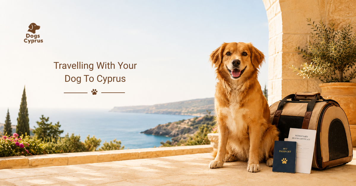 Dog sitting next to a pet carrier and travel documents on a sunny Mediterranean terrace