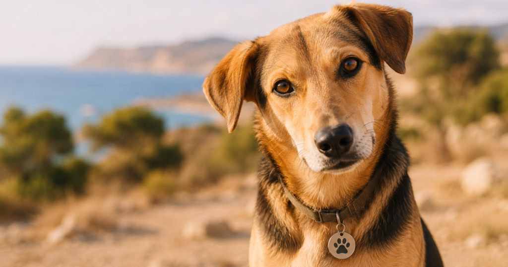Dog wearing an identification tag outdoors in Cyprus