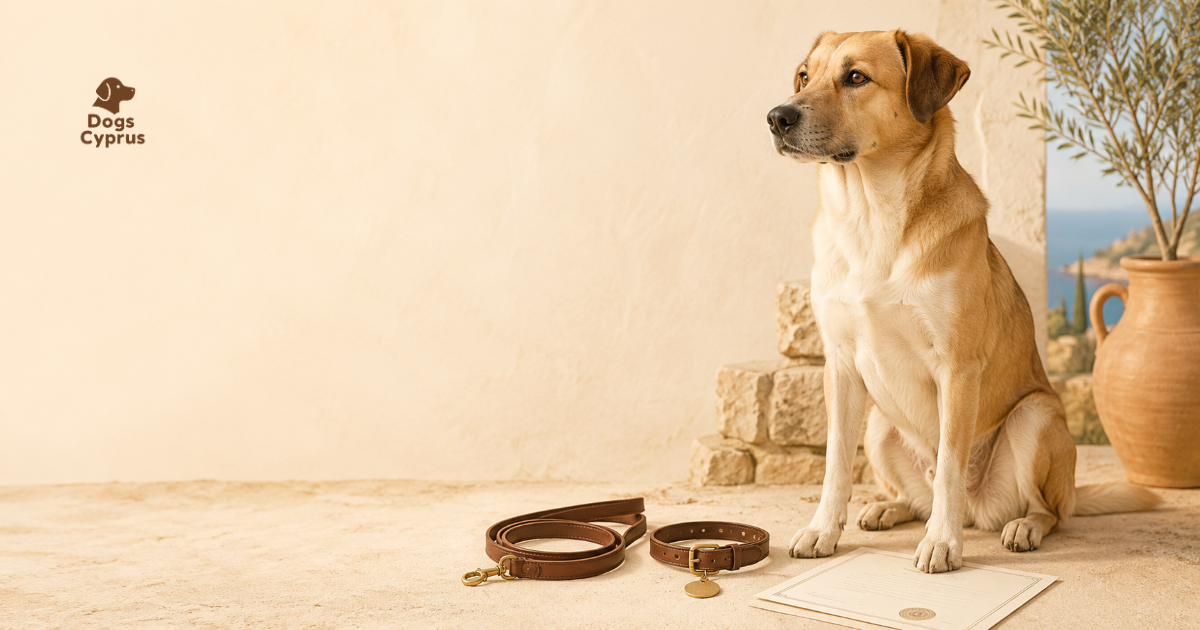 Dog wearing a collar and leash during a walk in Cyprus