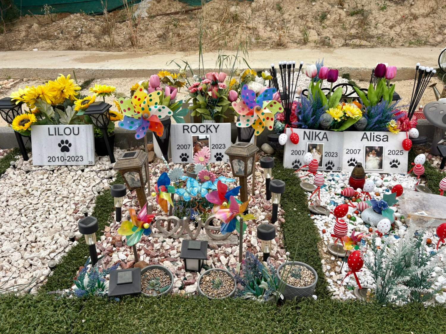 Peaceful pet memorial with flowers and a paw print in a quiet garden setting